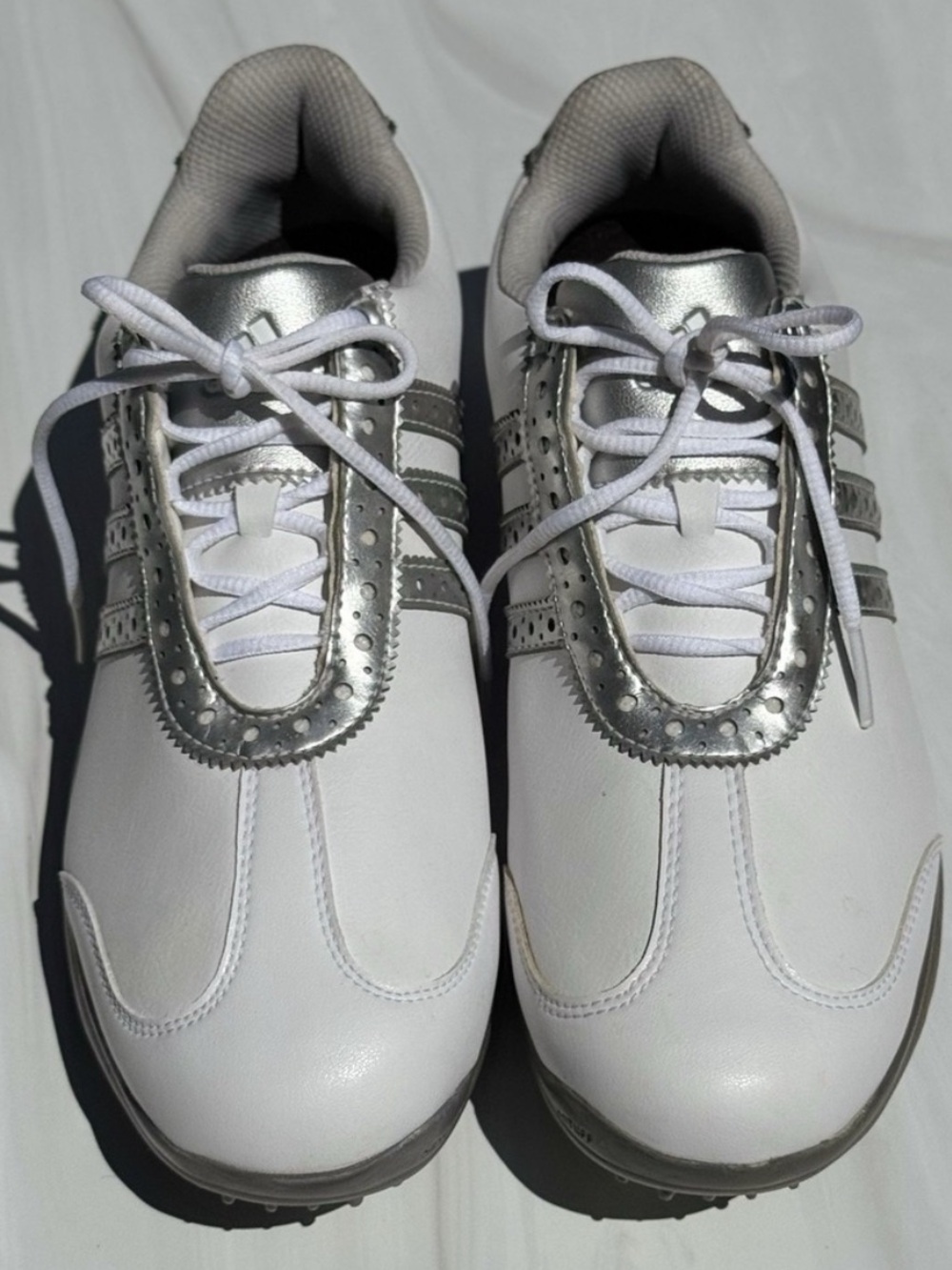 Adidas Driver Val Womens Golf Shoes Size 7.5 White Silver Leather Cleats EUC